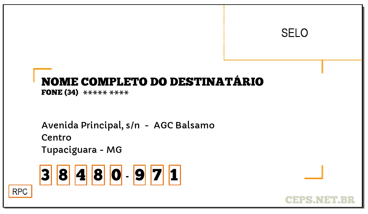 CEP TUPACIGUARA - MG, DDD 34, CEP 38480971, AVENIDA PRINCIPAL, S/N , BAIRRO CENTRO.