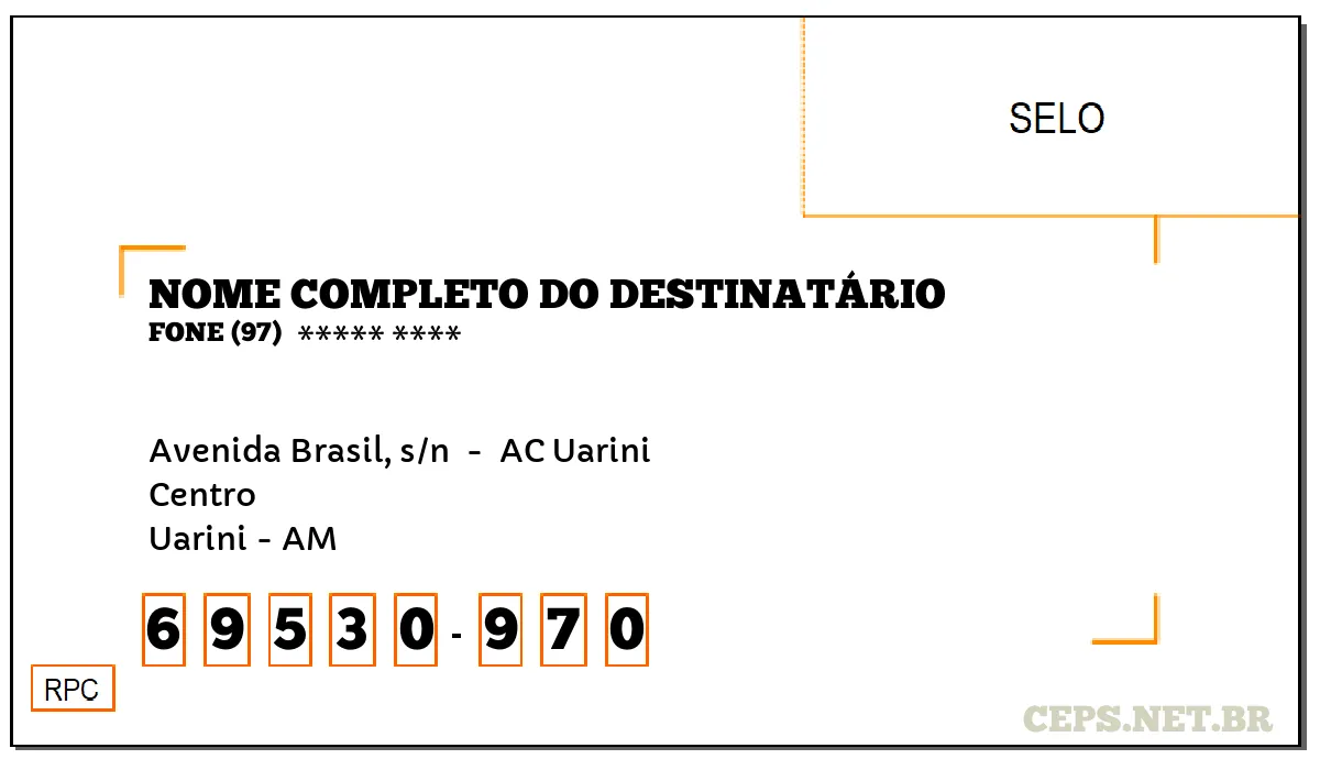 CEP UARINI - AM, DDD 97, CEP 69530970, AVENIDA BRASIL, S/N , BAIRRO CENTRO.