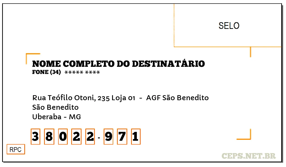 CEP UBERABA - MG, DDD 34, CEP 38022971, RUA TEÓFILO OTONI, 235 LOJA 01 , BAIRRO SÃO BENEDITO.