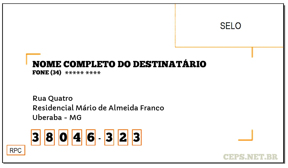 CEP UBERABA - MG, DDD 34, CEP 38046323, RUA QUATRO, BAIRRO RESIDENCIAL MÁRIO DE ALMEIDA FRANCO.