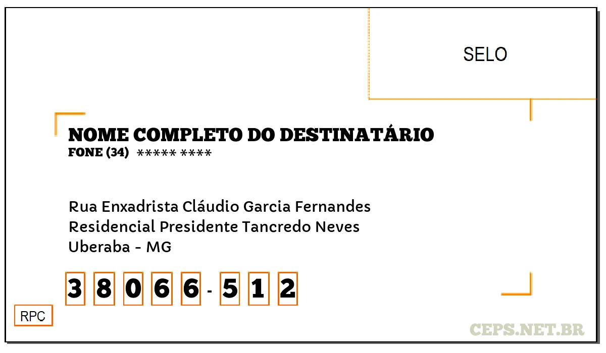 CEP UBERABA - MG, DDD 34, CEP 38066512, RUA ENXADRISTA CLÁUDIO GARCIA FERNANDES, BAIRRO RESIDENCIAL PRESIDENTE TANCREDO NEVES.