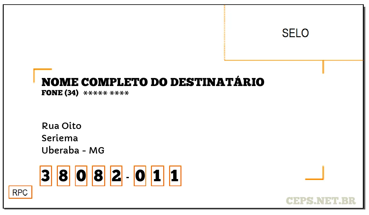 CEP UBERABA - MG, DDD 34, CEP 38082011, RUA OITO, BAIRRO SERIEMA.