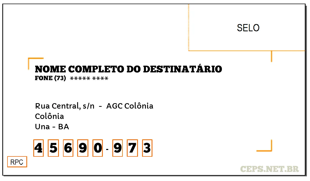 CEP UNA - BA, DDD 73, CEP 45690973, RUA CENTRAL, S/N , BAIRRO COLÔNIA.