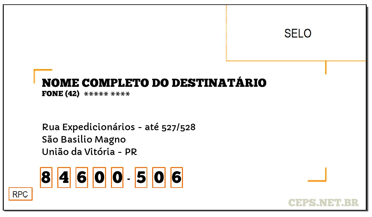 CEP UNIÃO DA VITÓRIA - PR, DDD 42, CEP 84600506, RUA EXPEDICIONÁRIOS - ATÉ 527/528, BAIRRO SÃO BASILIO MAGNO.