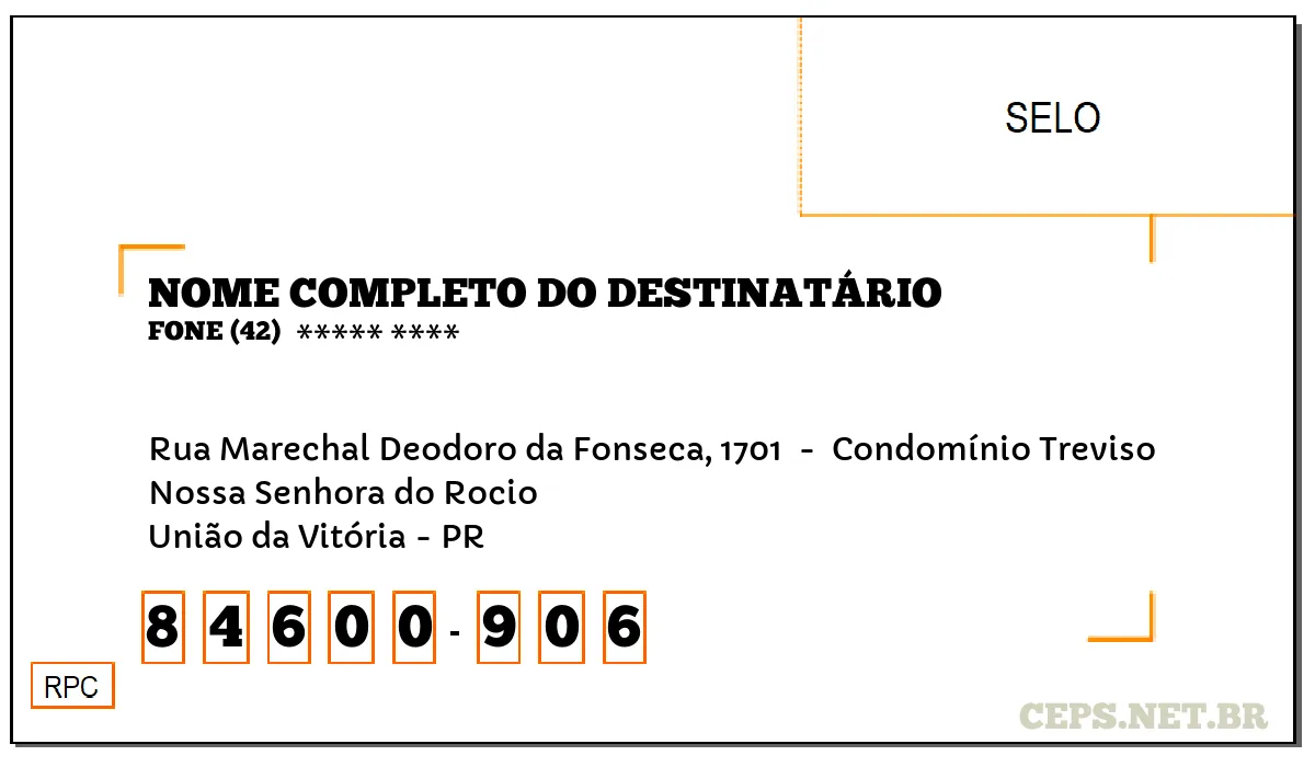 CEP UNIÃO DA VITÓRIA - PR, DDD 42, CEP 84600906, RUA MARECHAL DEODORO DA FONSECA, 1701 , BAIRRO NOSSA SENHORA DO ROCIO.