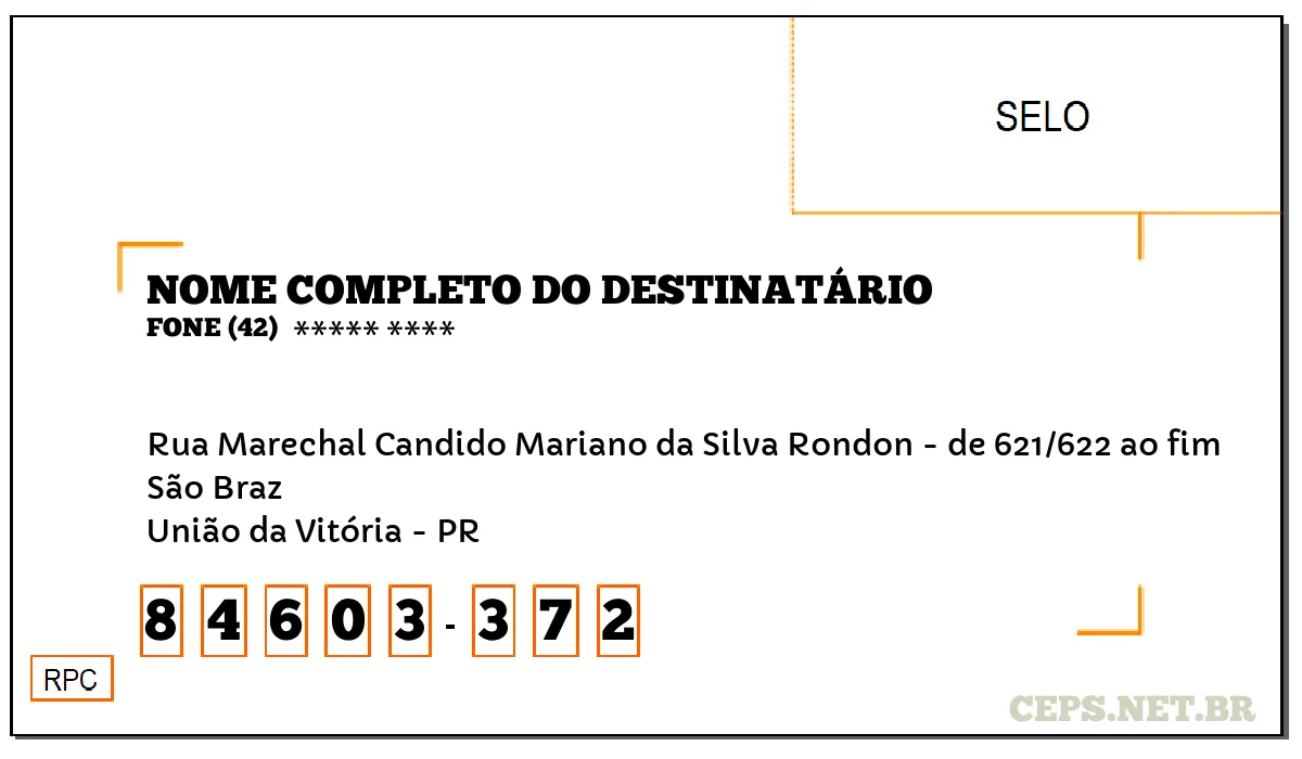 CEP UNIÃO DA VITÓRIA - PR, DDD 42, CEP 84603372, RUA MARECHAL CANDIDO MARIANO DA SILVA RONDON - DE 621/622 AO FIM, BAIRRO SÃO BRAZ.