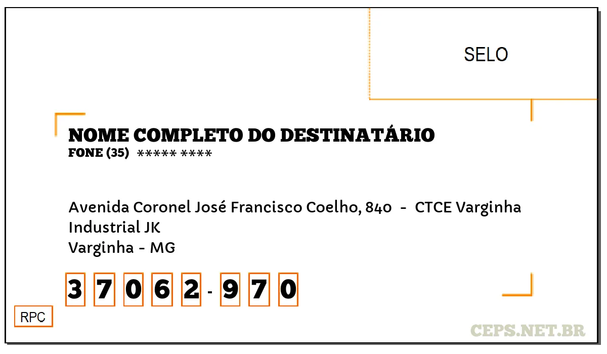 CEP VARGINHA - MG, DDD 35, CEP 37062970, AVENIDA CORONEL JOSÉ FRANCISCO COELHO, 840 , BAIRRO INDUSTRIAL JK.