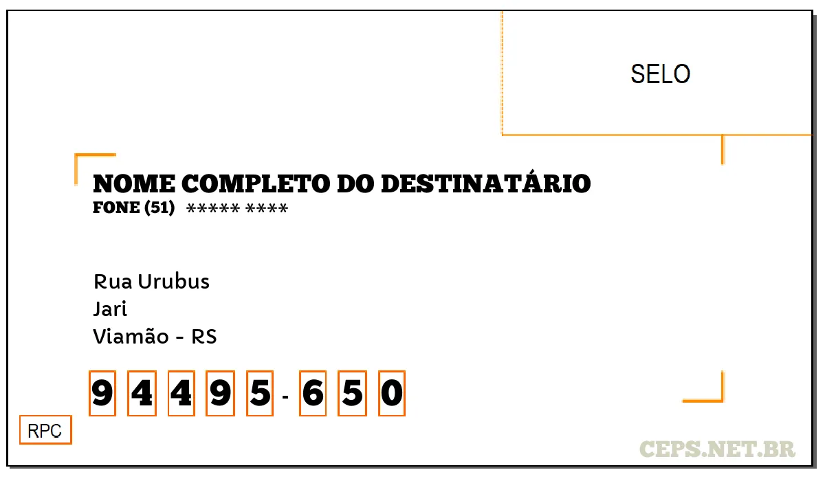 CEP VIAMÃO - RS, DDD 51, CEP 94495650, RUA URUBUS, BAIRRO JARI.