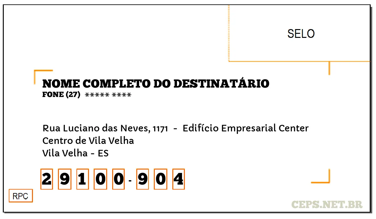 CEP VILA VELHA - ES, DDD 27, CEP 29100904, RUA LUCIANO DAS NEVES, 1171 , BAIRRO CENTRO DE VILA VELHA.