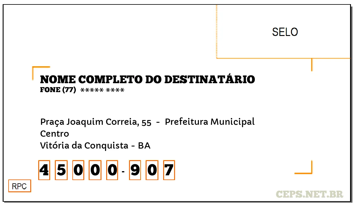 CEP VITÓRIA DA CONQUISTA - BA, DDD 77, CEP 45000907, PRAÇA JOAQUIM CORREIA, 55 , BAIRRO CENTRO.