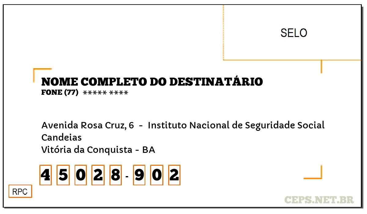 CEP VITÓRIA DA CONQUISTA - BA, DDD 77, CEP 45028902, AVENIDA ROSA CRUZ, 6 , BAIRRO CANDEIAS.