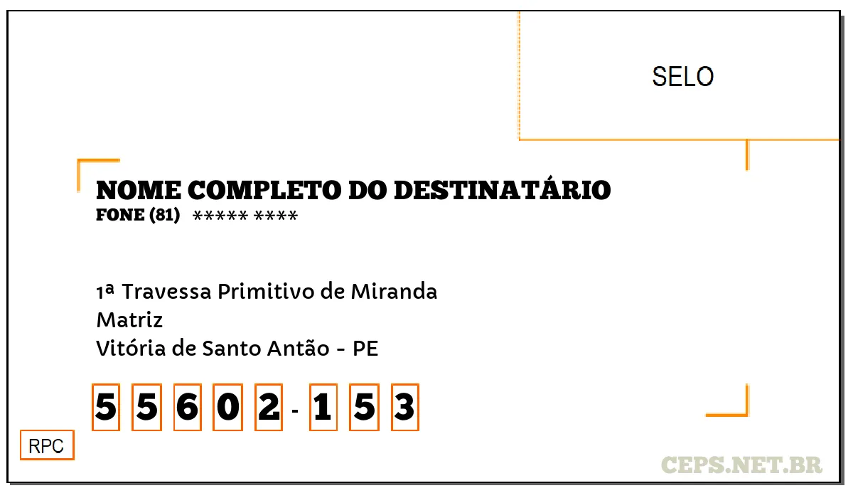 CEP VITÓRIA DE SANTO ANTÃO - PE, DDD 81, CEP 55602153, 1ª TRAVESSA PRIMITIVO DE MIRANDA, BAIRRO MATRIZ.