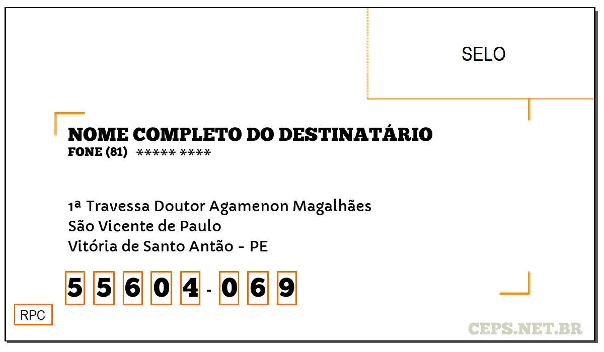 CEP VITÓRIA DE SANTO ANTÃO - PE, DDD 81, CEP 55604069, 1ª TRAVESSA DOUTOR AGAMENON MAGALHÃES, BAIRRO SÃO VICENTE DE PAULO.