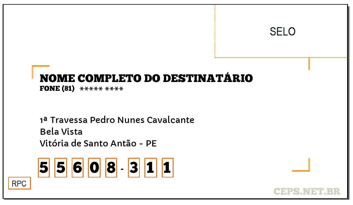 CEP VITÓRIA DE SANTO ANTÃO - PE, DDD 81, CEP 55608311, 1ª TRAVESSA PEDRO NUNES CAVALCANTE, BAIRRO BELA VISTA.