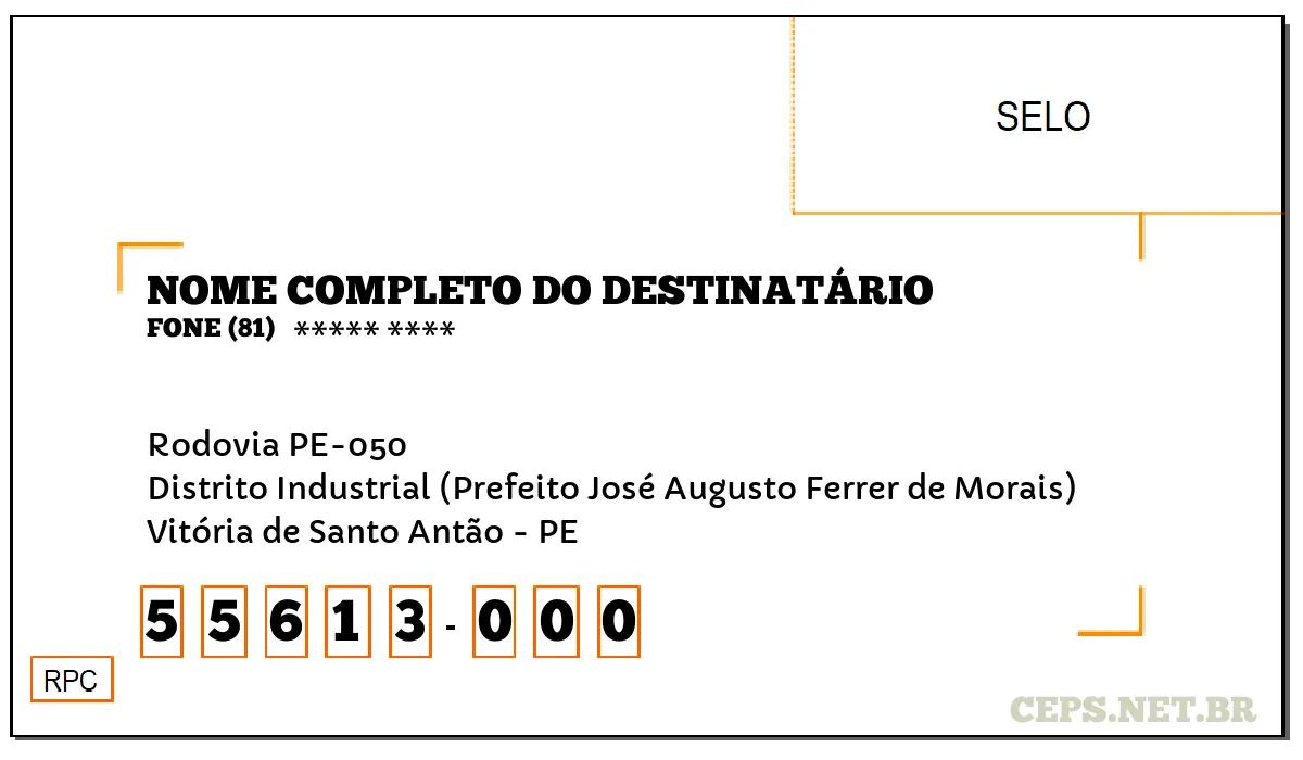 CEP VITÓRIA DE SANTO ANTÃO - PE, DDD 81, CEP 55613000, RODOVIA PE-050, BAIRRO DISTRITO INDUSTRIAL (PREFEITO JOSÉ AUGUSTO FERRER DE MORAIS).