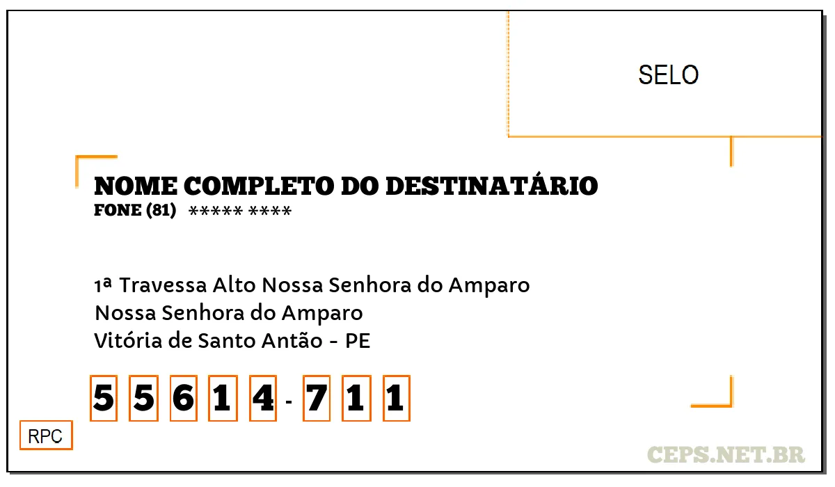 CEP VITÓRIA DE SANTO ANTÃO - PE, DDD 81, CEP 55614711, 1ª TRAVESSA ALTO NOSSA SENHORA DO AMPARO, BAIRRO NOSSA SENHORA DO AMPARO.