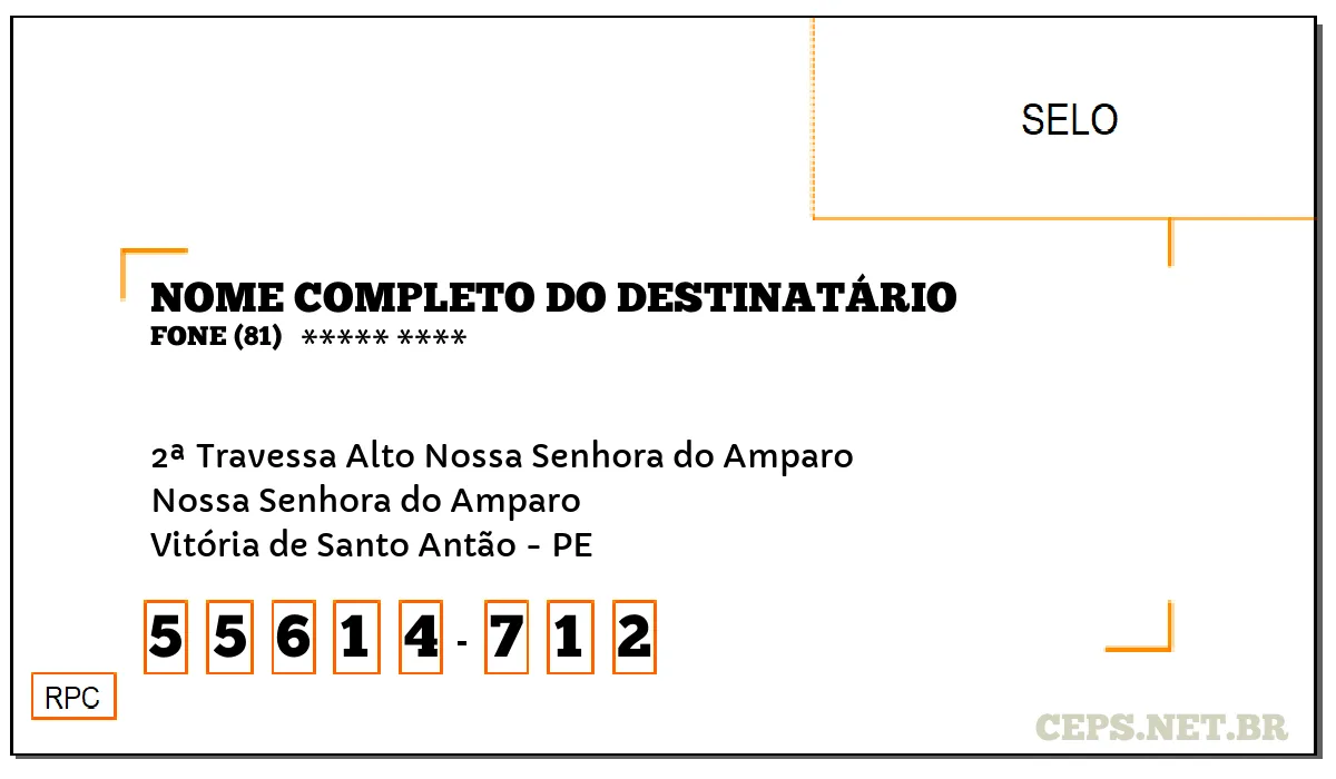 CEP VITÓRIA DE SANTO ANTÃO - PE, DDD 81, CEP 55614712, 2ª TRAVESSA ALTO NOSSA SENHORA DO AMPARO, BAIRRO NOSSA SENHORA DO AMPARO.