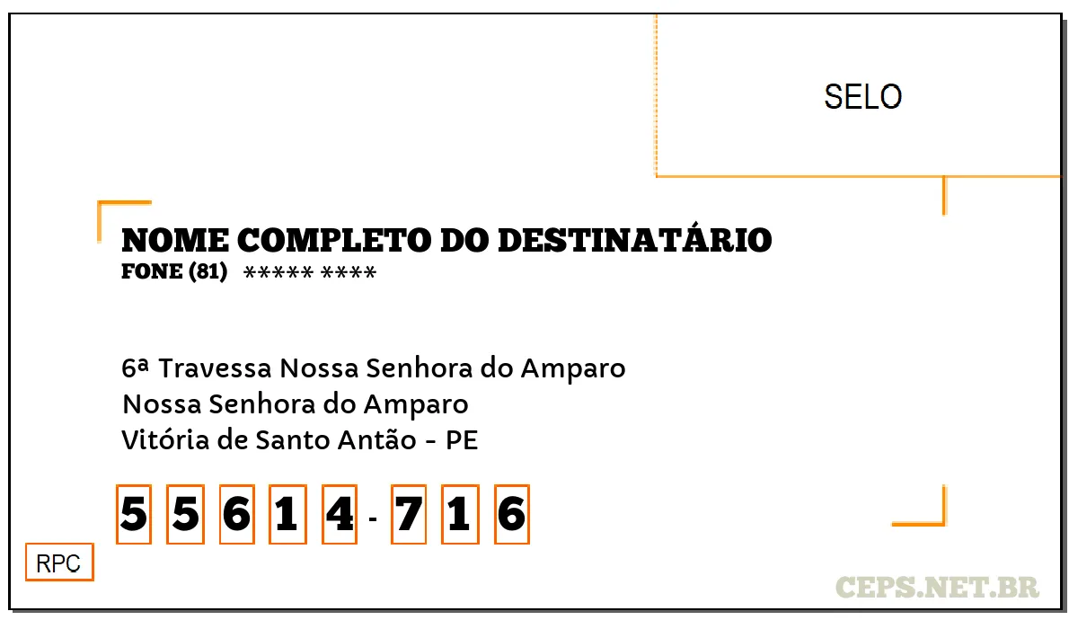 CEP VITÓRIA DE SANTO ANTÃO - PE, DDD 81, CEP 55614716, 6ª TRAVESSA NOSSA SENHORA DO AMPARO, BAIRRO NOSSA SENHORA DO AMPARO.