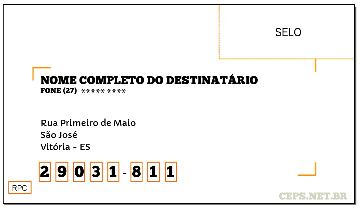 CEP VITÓRIA - ES, DDD 27, CEP 29031811, RUA PRIMEIRO DE MAIO, BAIRRO SÃO JOSÉ.